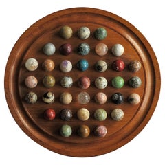 Antique Fine Marble Solitaire Hardwood Board with 37 Agate Mineral Stone Marbles, French