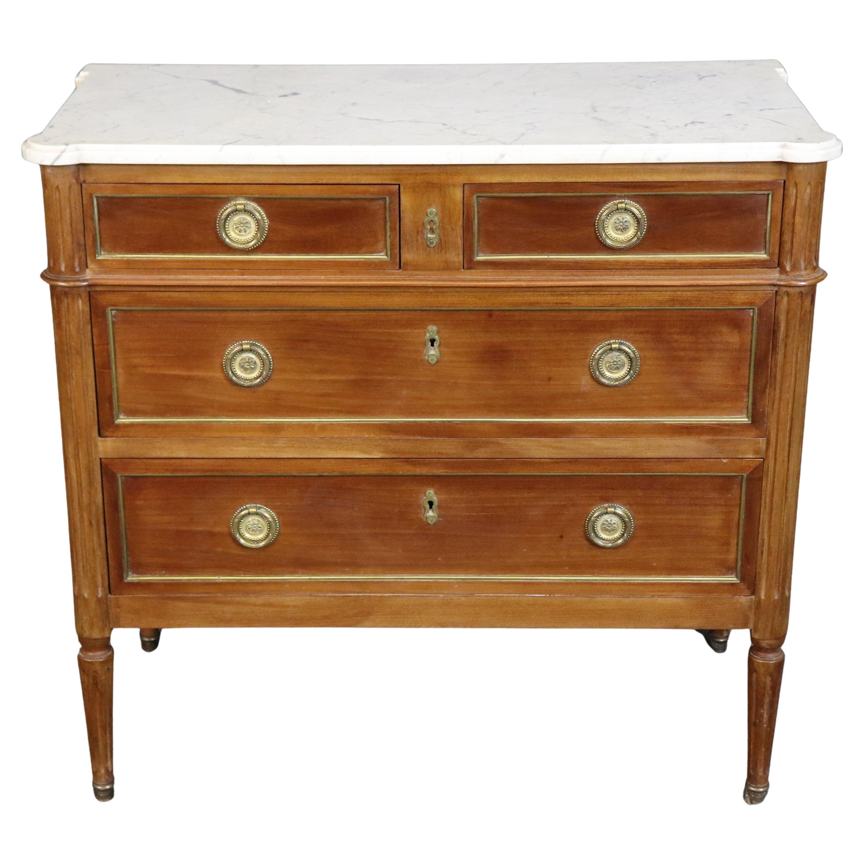 Fine Marble Top French Directoire Louis XVI Walnut Brass Inlaid Commode