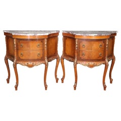 Fine Marble Top French Louis XVI Walnut Nightstands, circa 1950