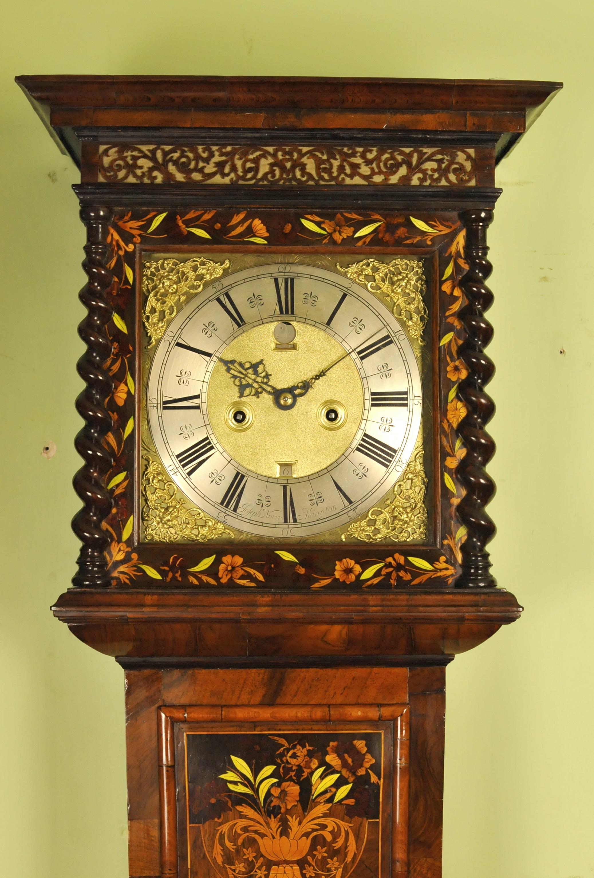 We are delighted to offer for sale this superb marquetry longcase clock from the golden age of clockmaking with an 11 inch dial by the eminent clockmaker Samuel Norris Abingten (Abingdon) dating circa 1695.
The brass chapter ring dial is signed by