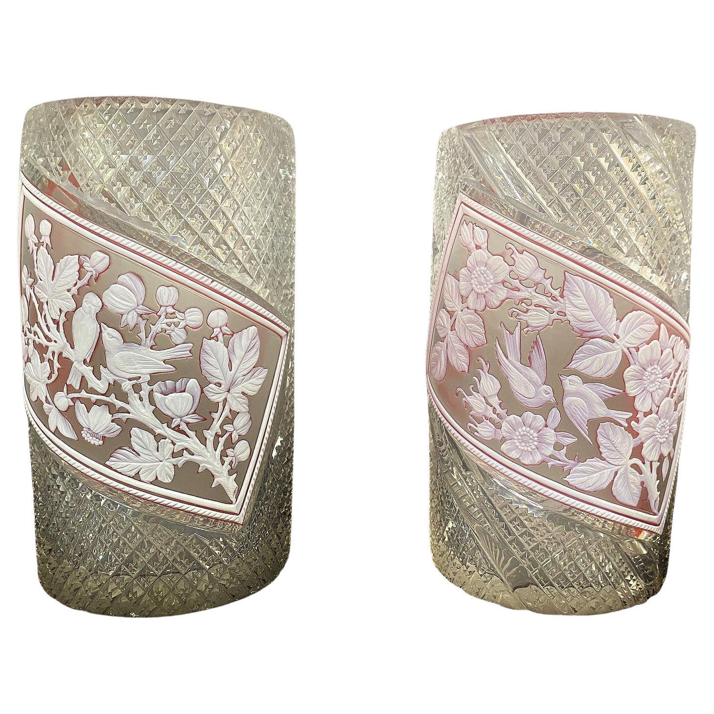 Fine Matched Pair of 19th Century Thomas Webb and Sons Cameo Crystal Art Vases