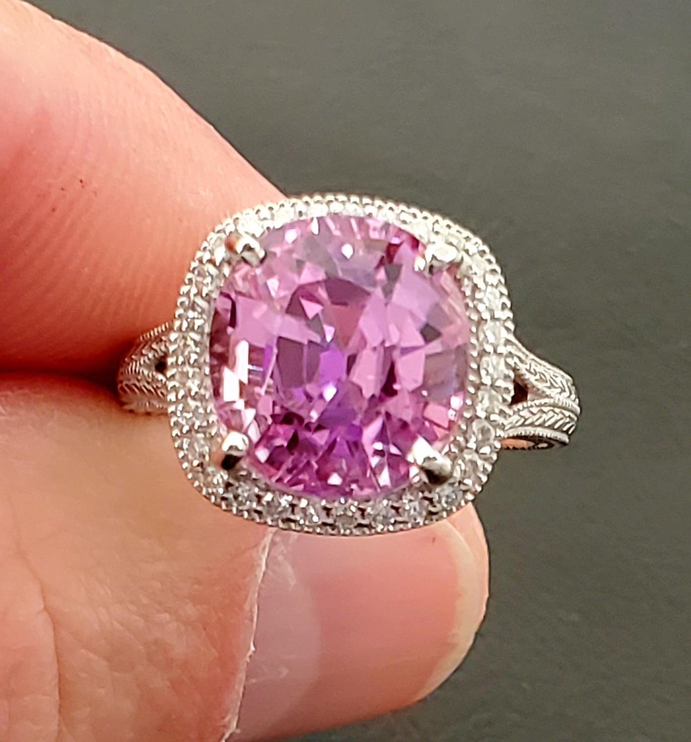 Cushion Cut Fine Med Colored Pink 8.70ct Kunzite set in 14kt White Gold Ring with Diamonds For Sale