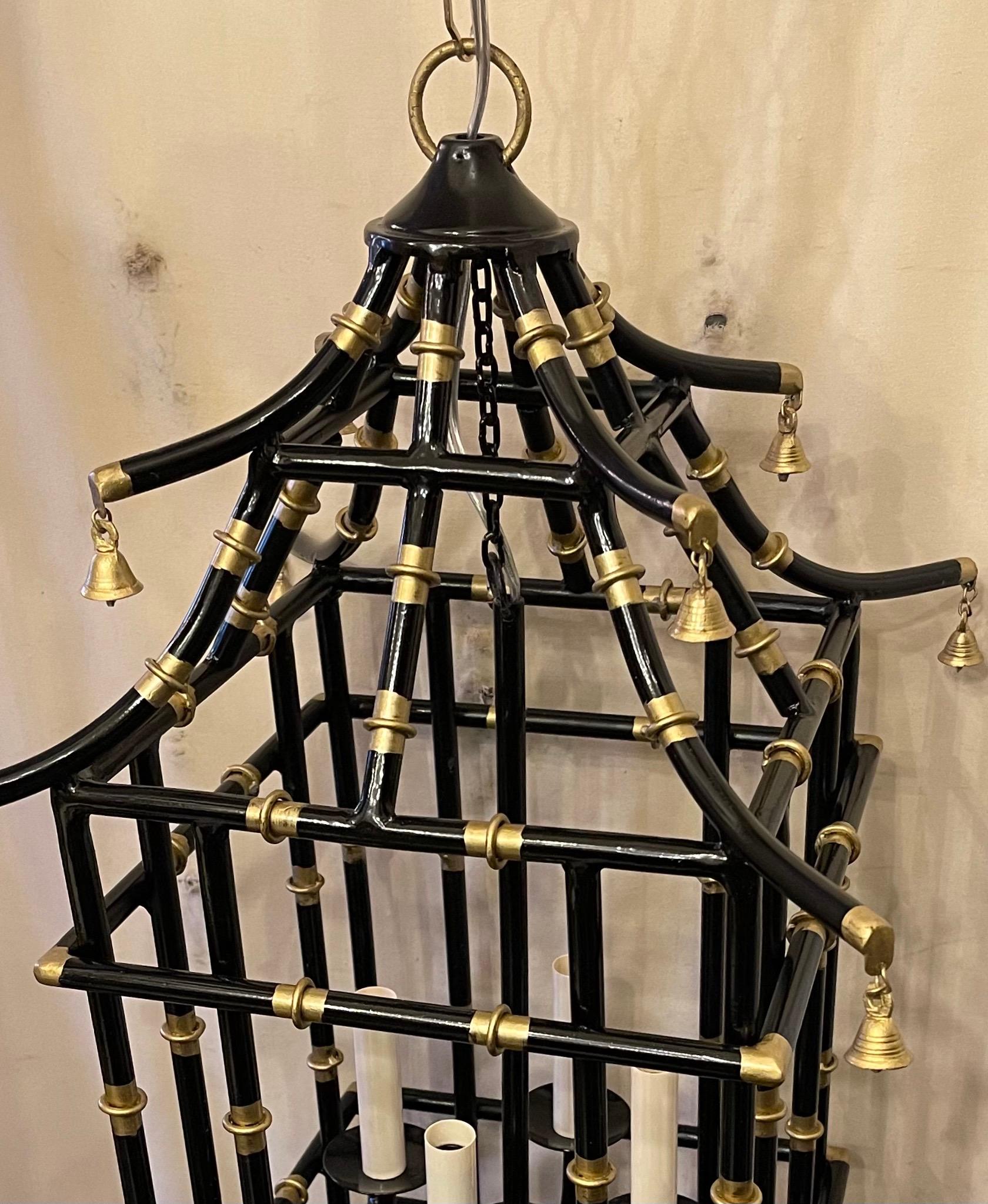 Italian Wonderful Medium Black & Gold Gilt Pagoda Bamboo Chinoiserie Lantern Fixture