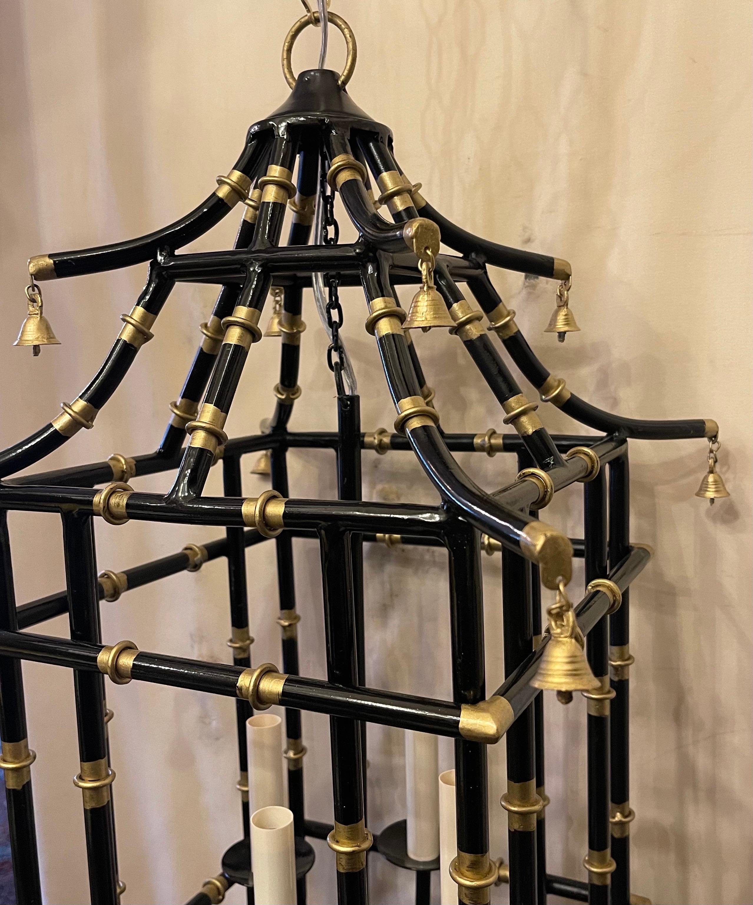 20th Century Wonderful Medium Black & Gold Gilt Pagoda Bamboo Chinoiserie Lantern Fixture