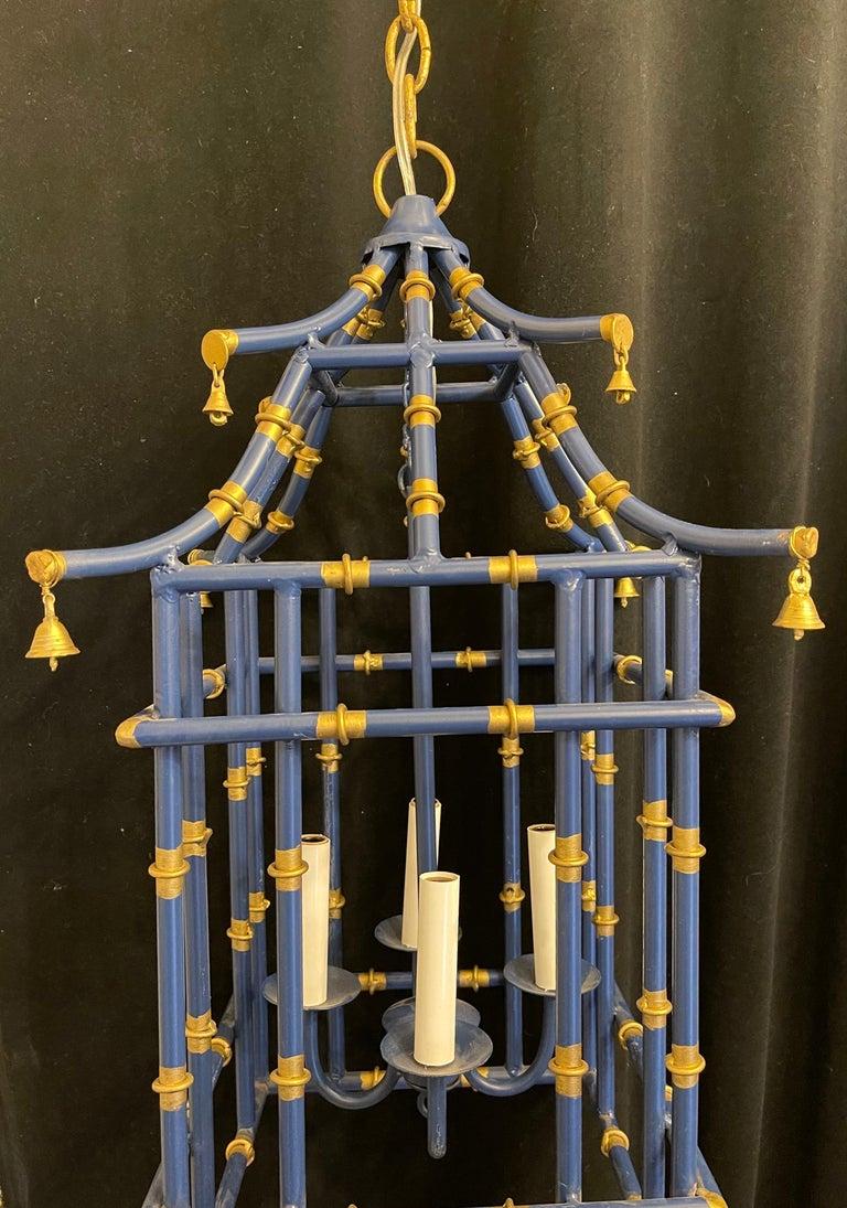 Italian Fine Medium Navy Blue & Gold Gilt Pagoda Bamboo Chinoiserie Lantern Fixture For Sale