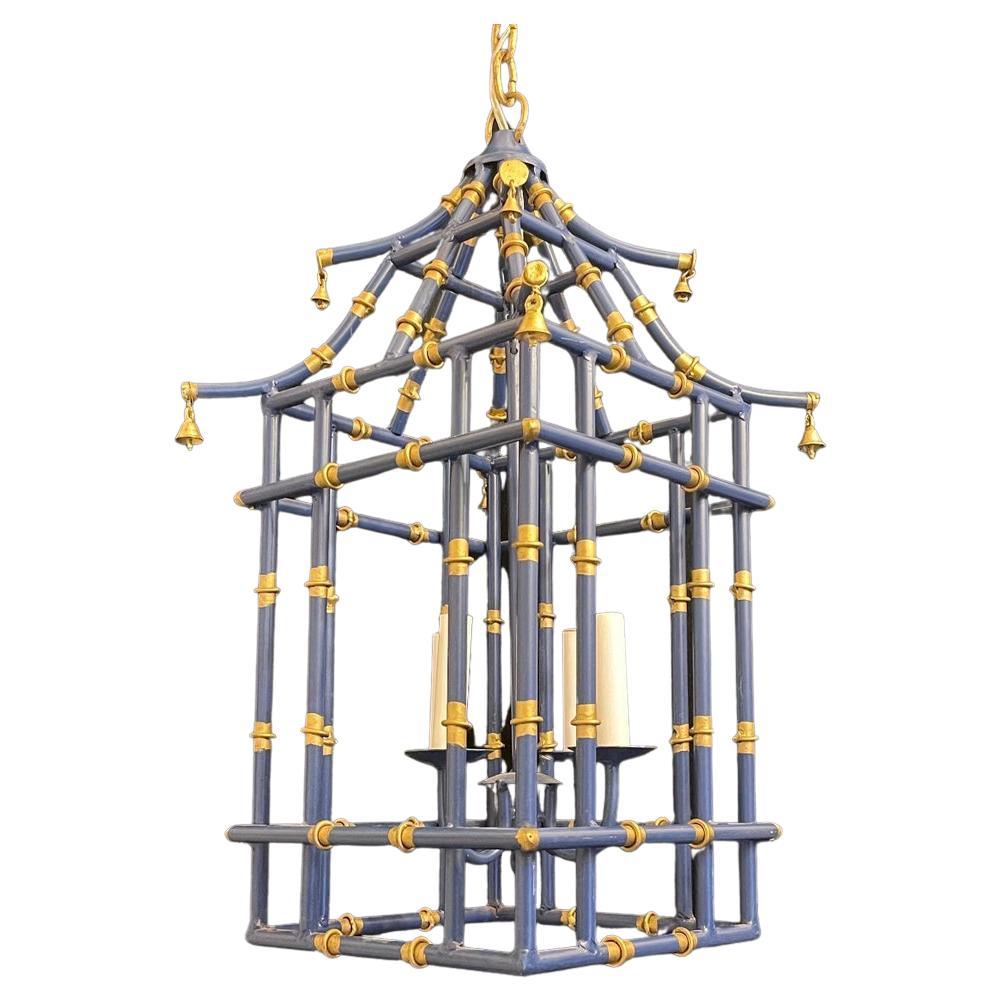 Fine Medium Navy Blue & Gold Gilt Pagoda Bamboo Chinoiserie Lantern Fixture For Sale