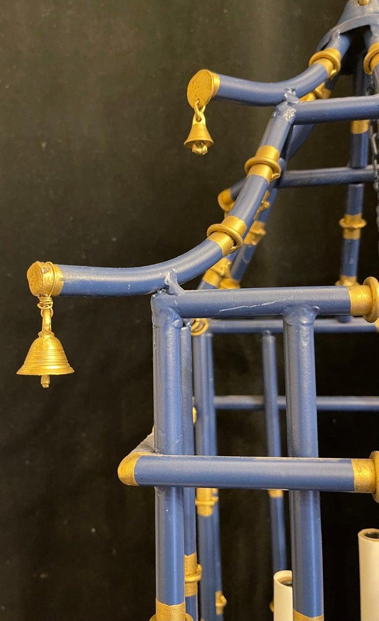 20th Century Fine Medium Pair Navy Blue Gold Gilt Pagoda Bamboo Chinoiserie Lantern Fixtures