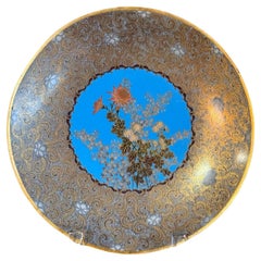 Antique Fine Meiji Japanese Cloisonne Enamel Plate with Central Medallion and Bats