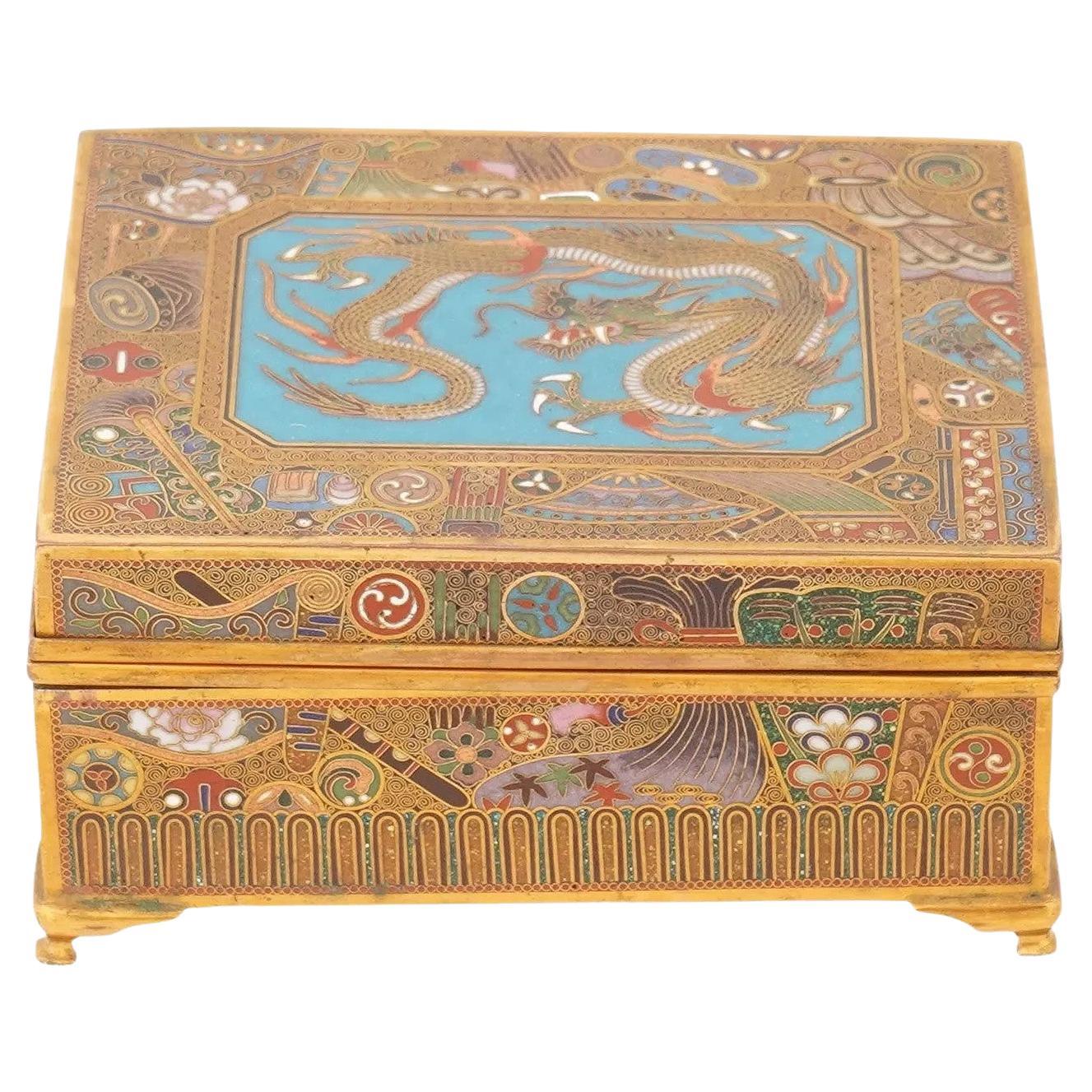 Fine Meiji Period Japanese Cloisonne Enamel Box with Dragon Trinket Box For Sale