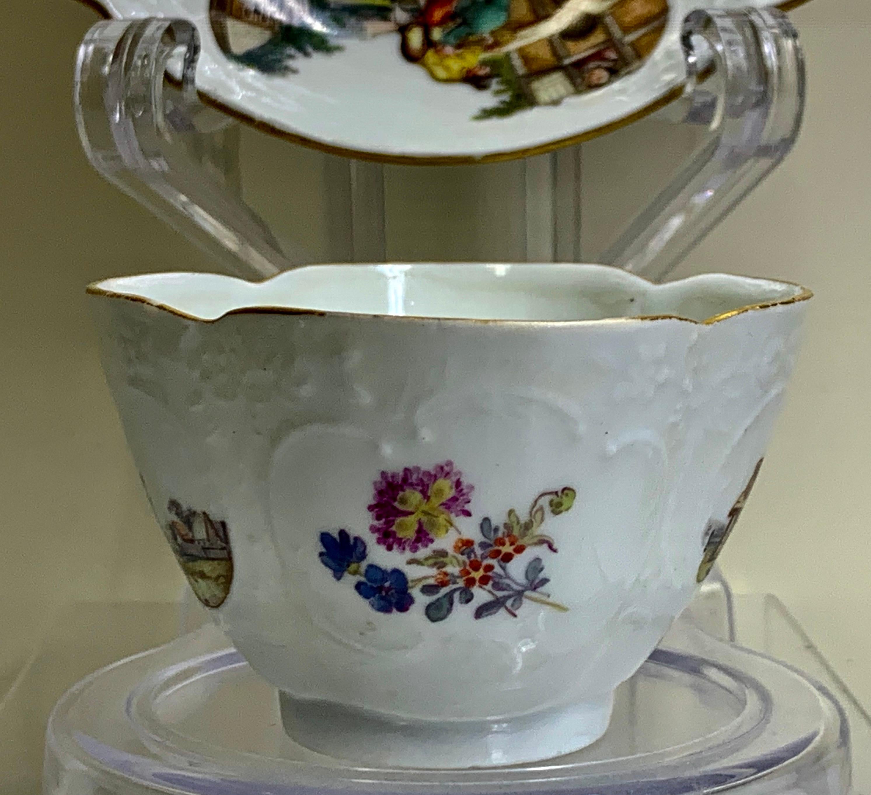 German Fine Meissen Marcolini Teabowl & Saucer, Moulded Rococo Panels