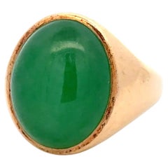 Fine Men's 15 Carat Oval Green Apple Jade GIA Gold Vintage Ring