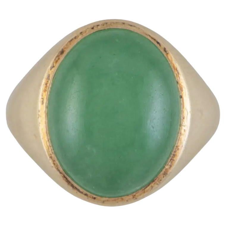 Fine Men's 15 Carat Oval Green Apple Jade GIA Gold Vintage Ring For Sale