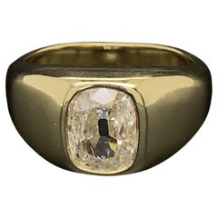 Retro Fine Men’s 1.53 Carat Old Mine Cushion Diamond Art Deco Revival Gold Ring  