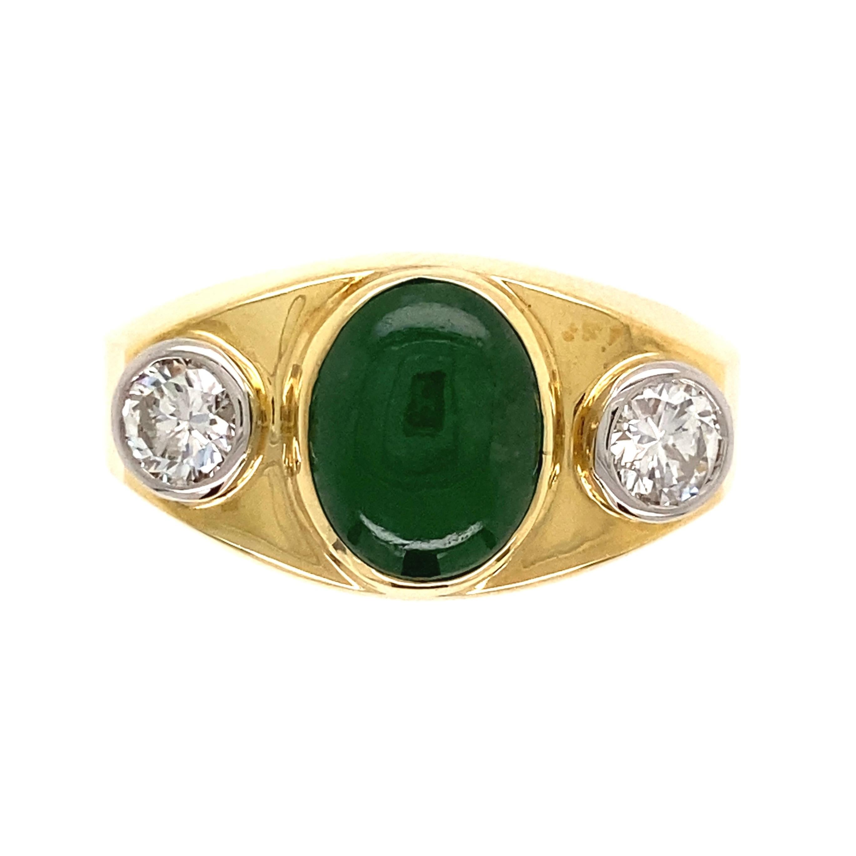 Mixed Cut Fine Men’s Jade and Diamond 3-Stone Gold Signet Ring Estate Fine Jewelry For Sale
