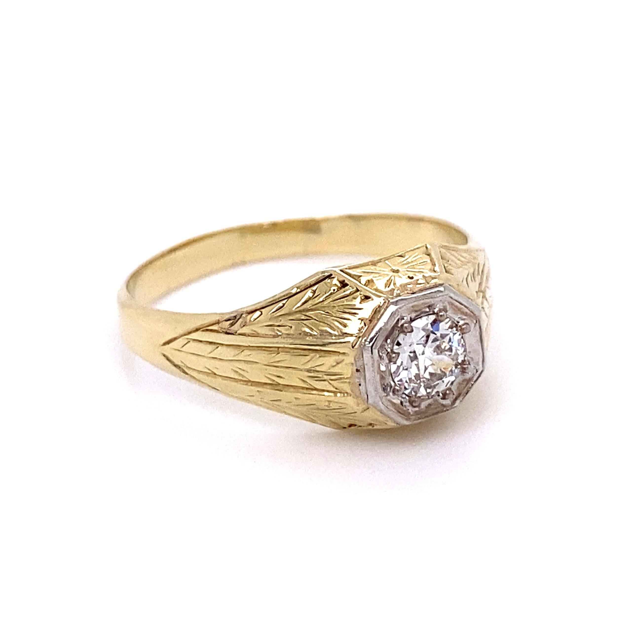 Handsome Gent’s Old European cut Solitaire Diamond Ring. Center securely Hand set with a 0.40 Carat Old European cut Diamond.  Ring size 10.75, we offer ring resizing. Hand crafted engraved 14K Yellow Gold mounting. Approx. dimensions: 1.04” l x