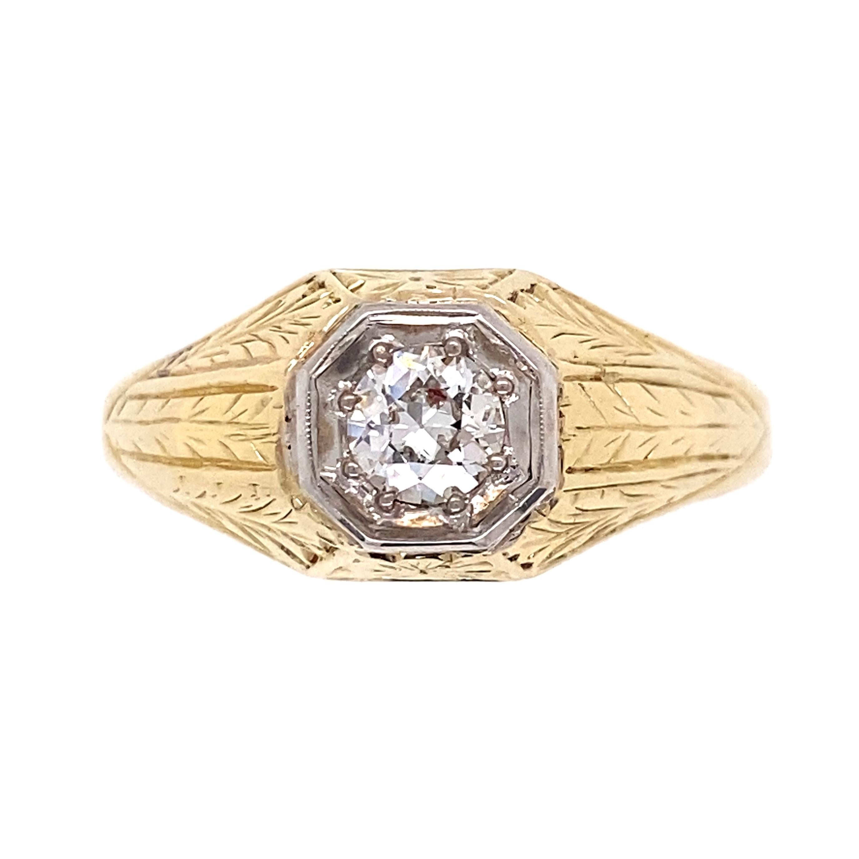Fine Men’s Old European Cut Diamond Art Deco Gold Ring Estate Fine Jewelry In Excellent Condition For Sale In Montreal, QC
