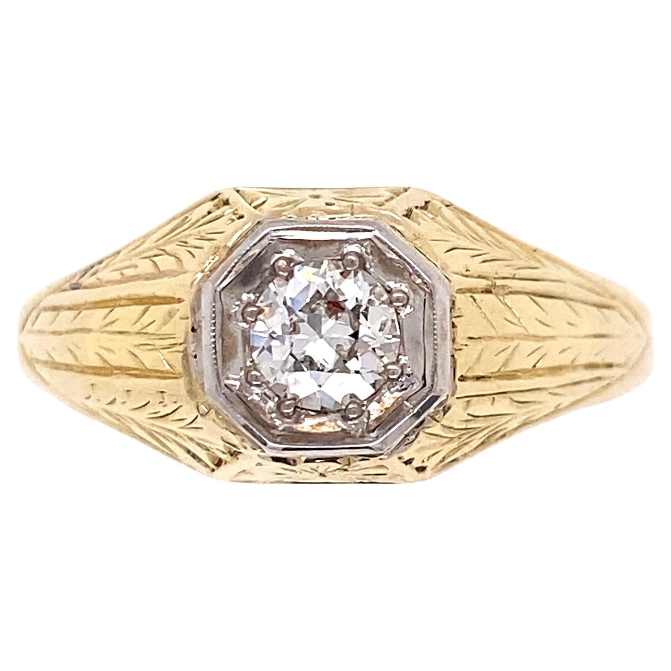 Fine Men’s Old European Cut Diamond Art Deco Gold Ring Estate Fine Jewelry For Sale