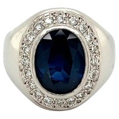 Fine Men’s Vintage 5.64 Carat Sapphire GIA and Diamond Platinum Ring