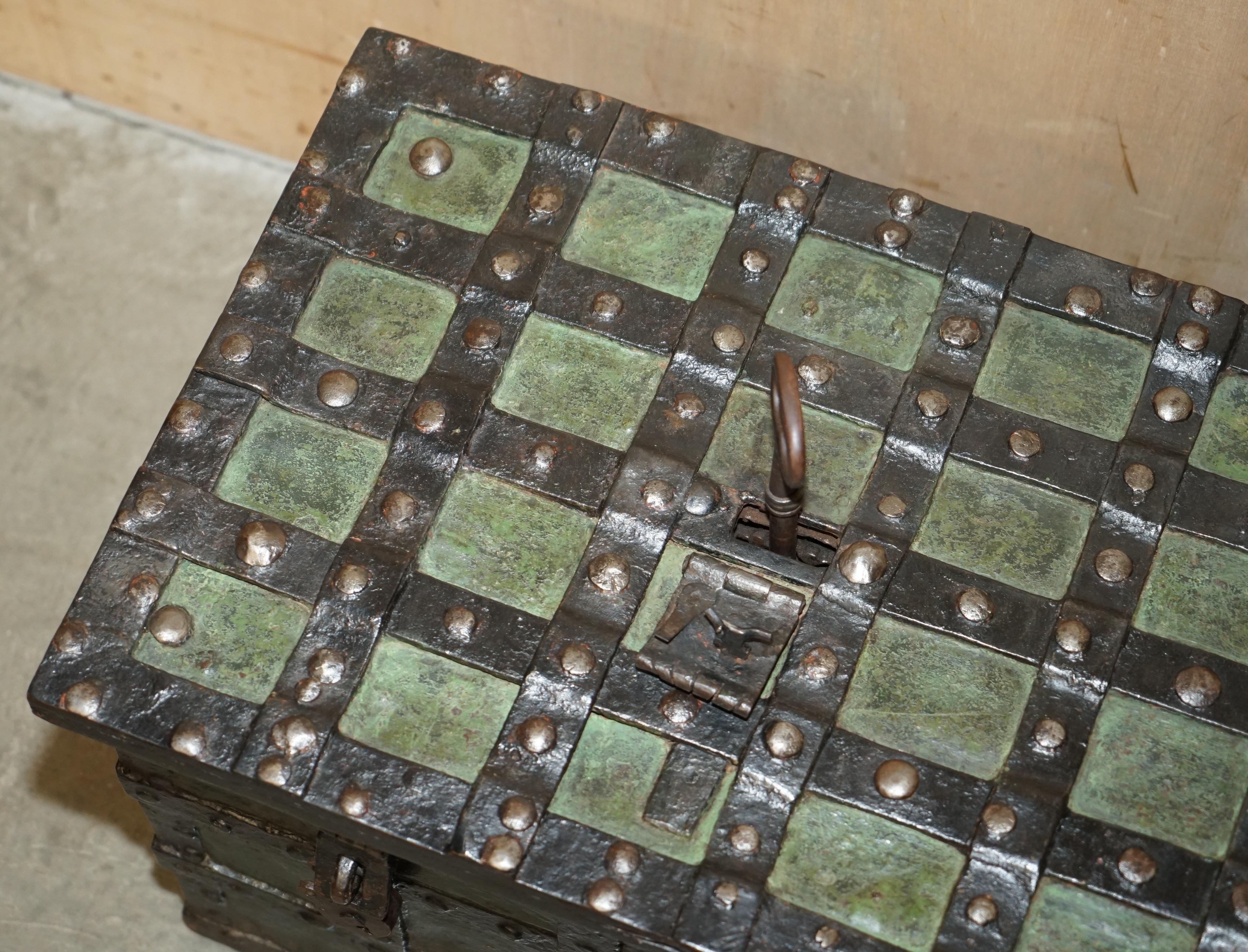 Hand-Crafted FINE MID 17TH CENTURY GERMAN WROUGHT IRON SAFE CHEST TRUNK WiTH ORIGINAL KEY For Sale