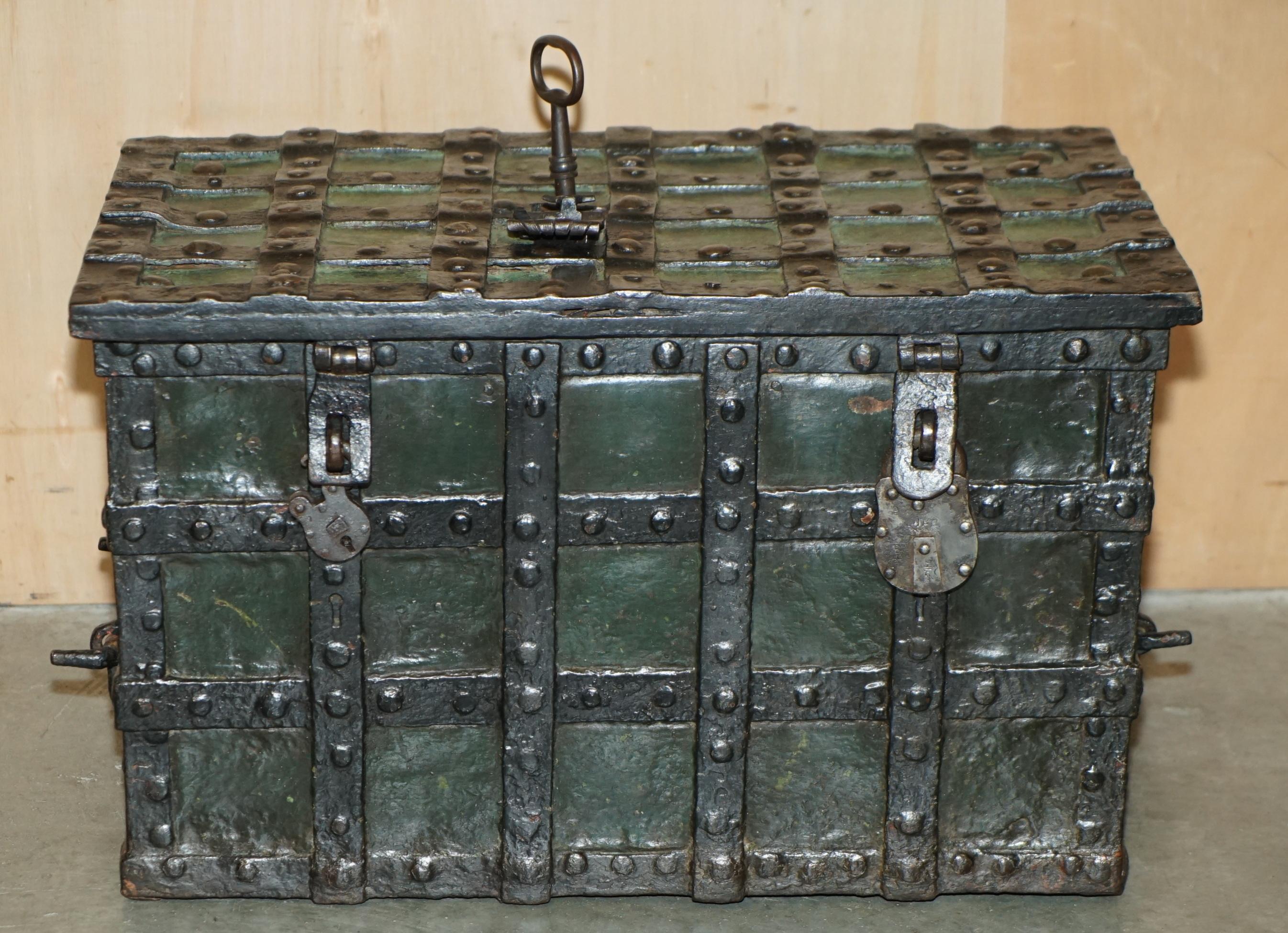 18th Century and Earlier FINE MID 17TH CENTURY GERMAN WROUGHT IRON SAFE CHEST TRUNK WiTH ORIGINAL KEY For Sale