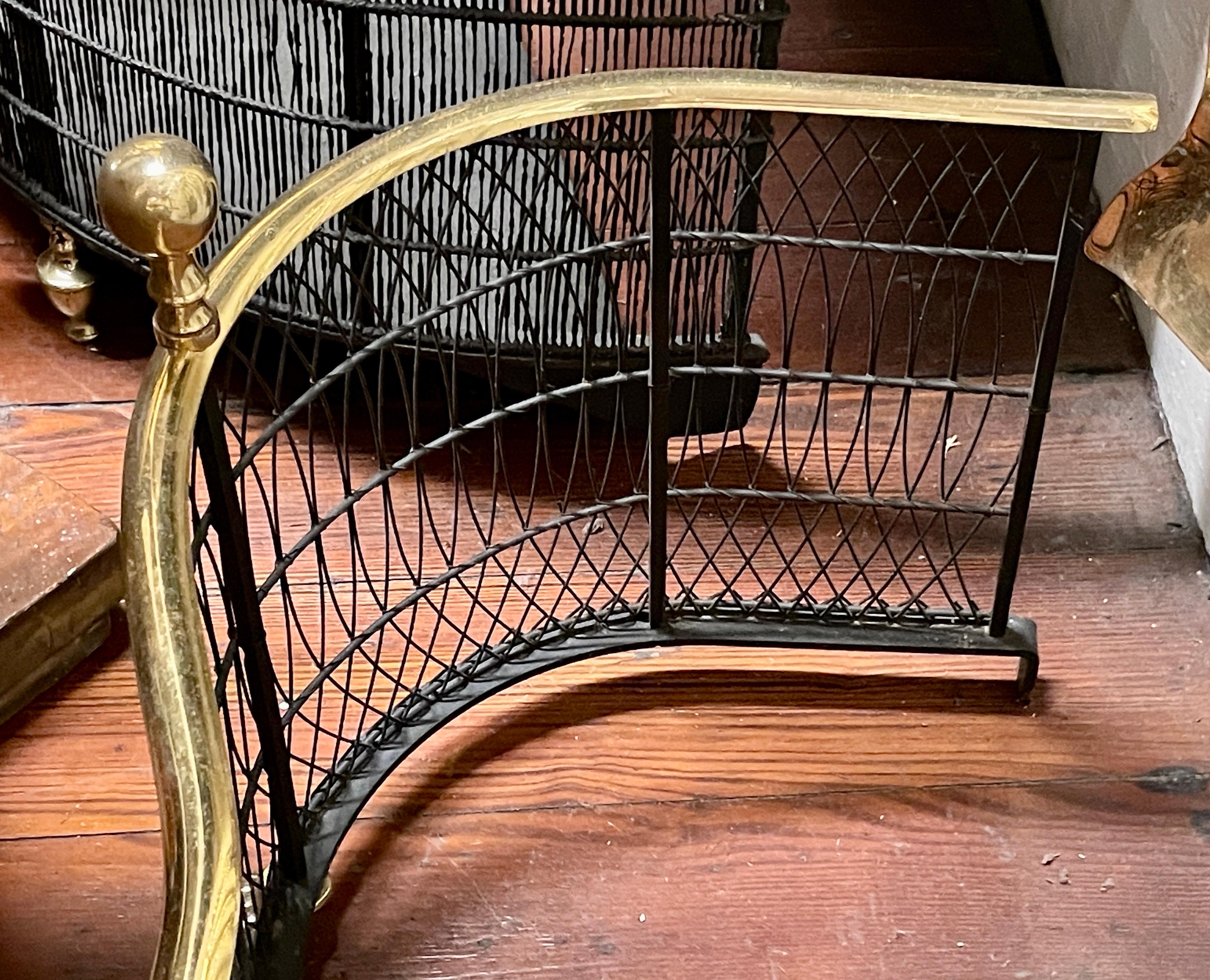 Hand-Crafted Fine Mid Century Cast Brass and Wirework Old Reprod. Serpentine Fireplace Fender