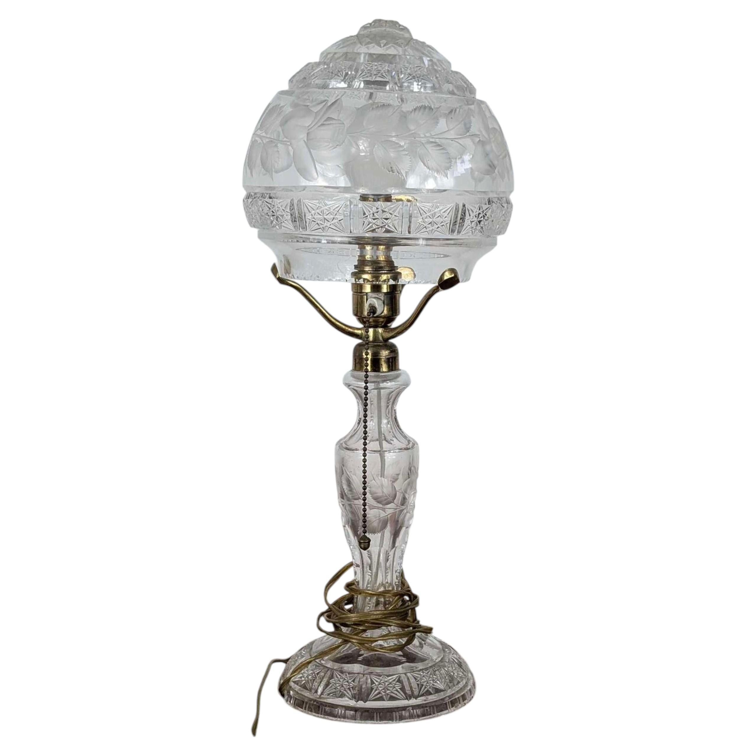 Fine Mid-Century Cut Crystal Lamp with Floral Shade