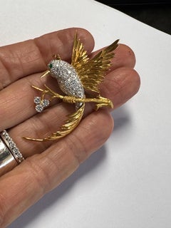 Fine Mid-Century Diamond and Emerald Hummingbird Brooch, c. 1955-1960