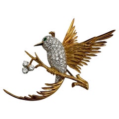 Fine Mid-Century Diamond and Emerald Hummingbird Brooch, c. 1955-1960