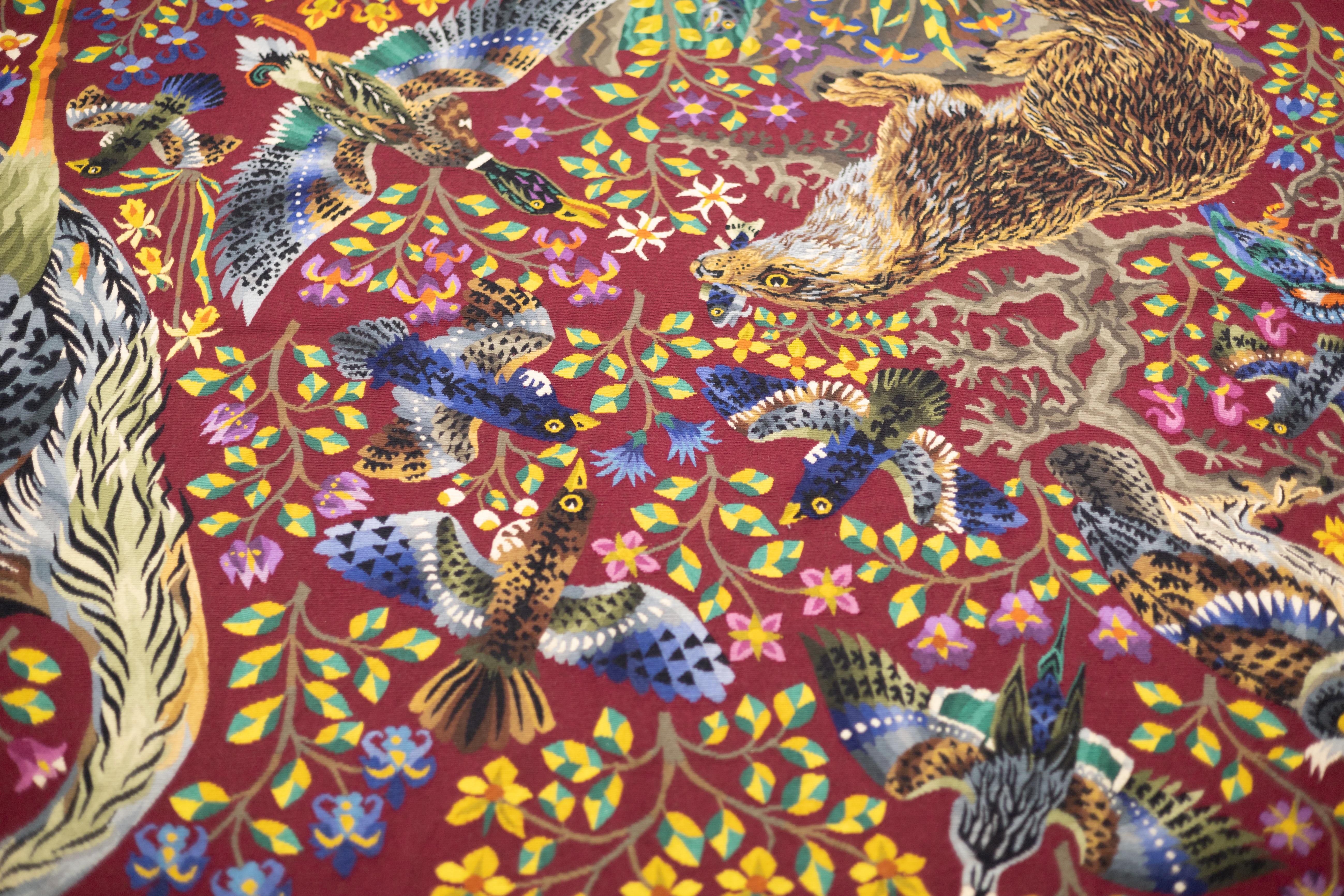 Wool Fine Mid Century French Tapestry Signed Parrot 5’7