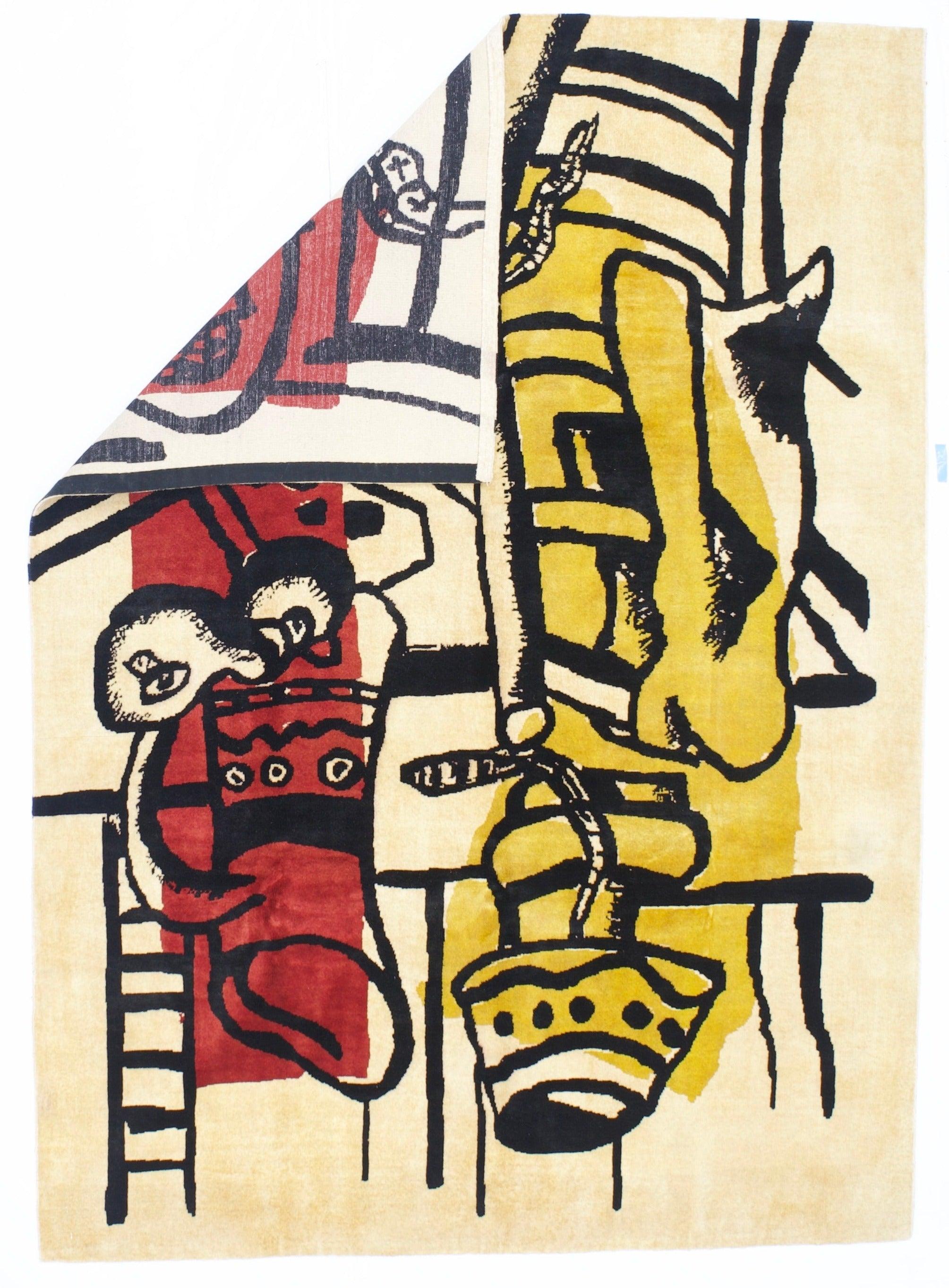 Fine Mid Century French Wool Rug Design Inspired by Basquiat 5'8'' x 7'10''. In particular, the NE Chinese roomsize, scatter, runner and round pieces of the 1920’s and 30’s with purely abstract, or Chinese-y designs, in either sharp or somewhat