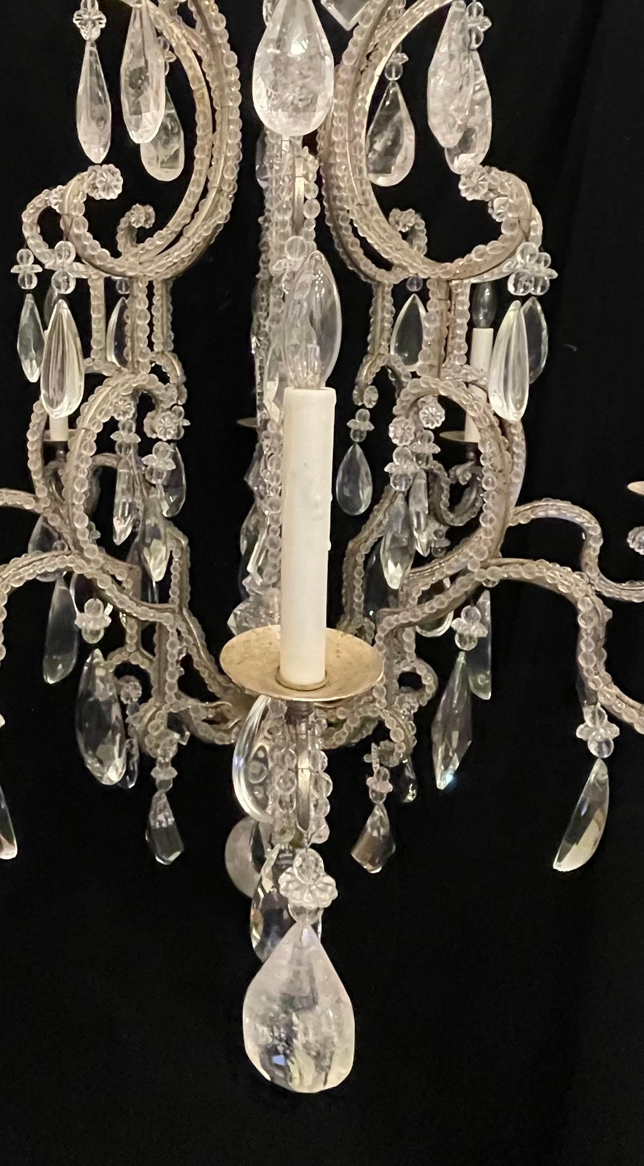 Italian Fine Mid-Century Modern Baguès Silver Gilt Beaded Rock Crystal Large Chandelier For Sale