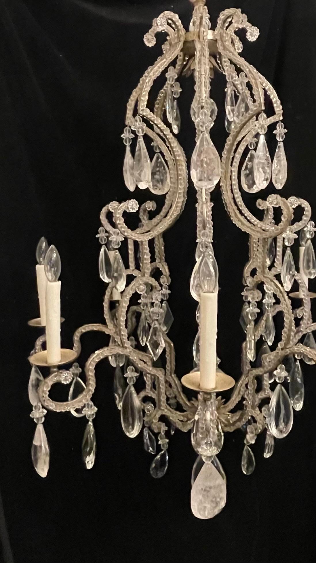 Fine Mid-Century Modern Baguès Silver Gilt Beaded Rock Crystal Large Chandelier For Sale 1