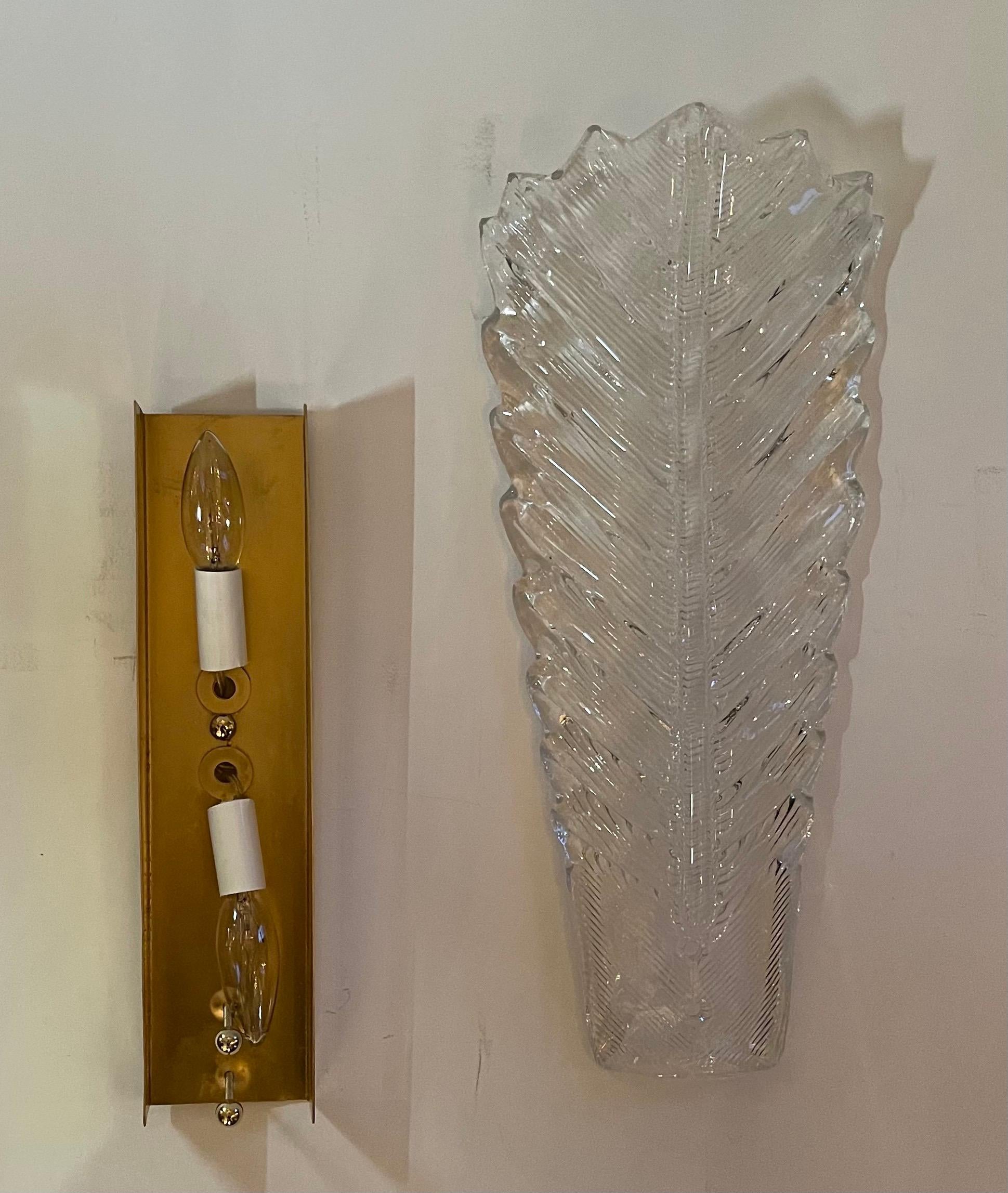 Fine Mid-Century Modern Brass Murano Leaf Art Glass Seguso Two Pairs Sconces For Sale 1