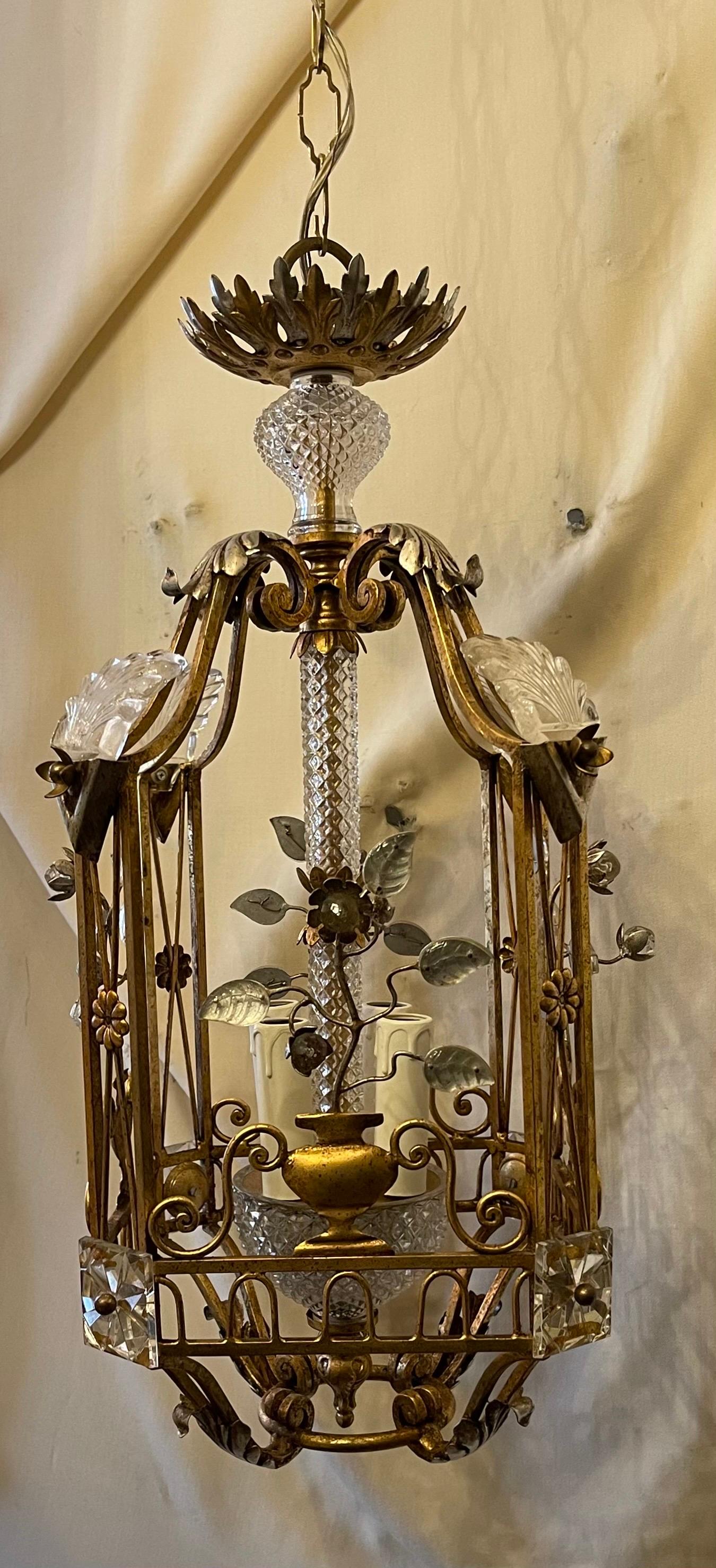 A very fine mid-century modern French gold gilt Maison Baguès style square crystal adorned lantern pagoda basket form 4 candelabra light chandelier / light fixture, we supply chain & canopy.
