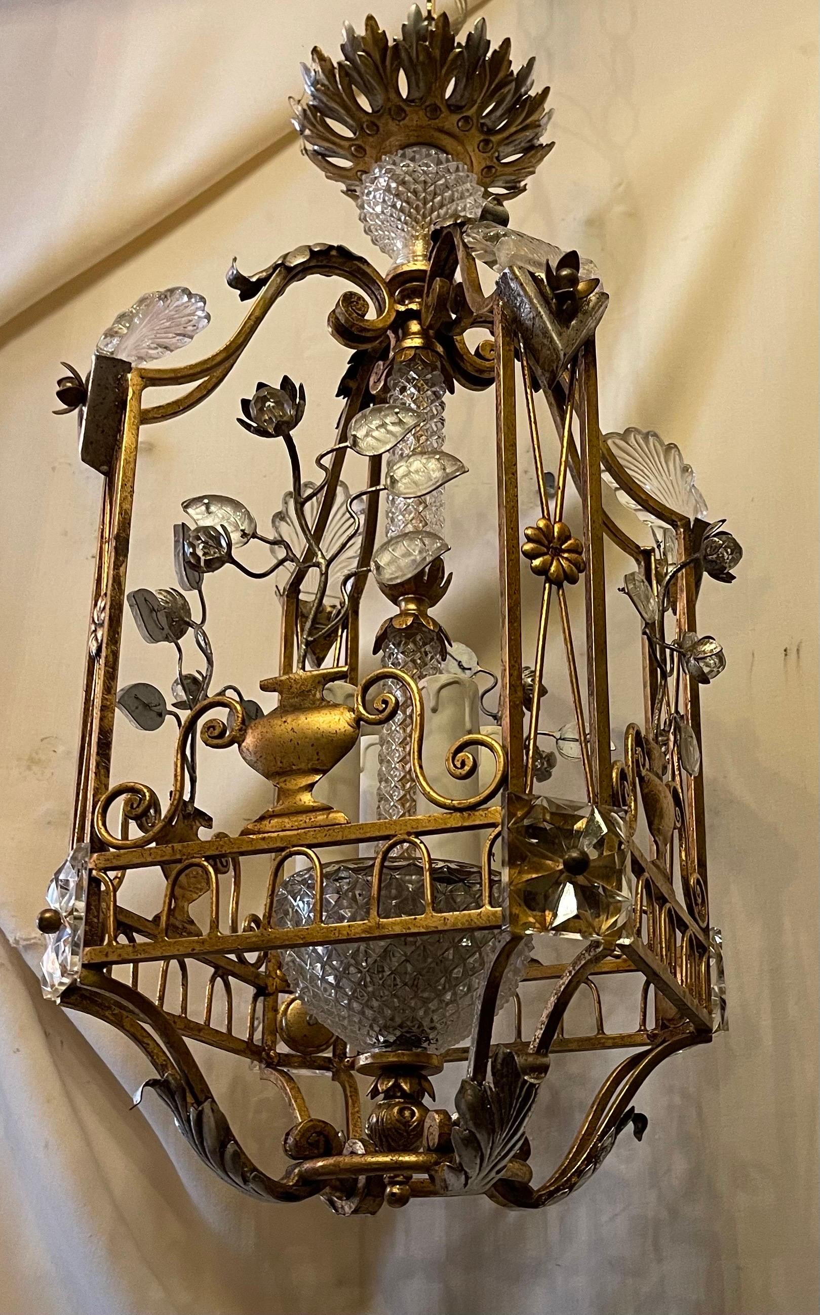 Italian Fine Mid-Century Modern French Baguès Crystal Lantern Pagoda Basket Chandelier For Sale