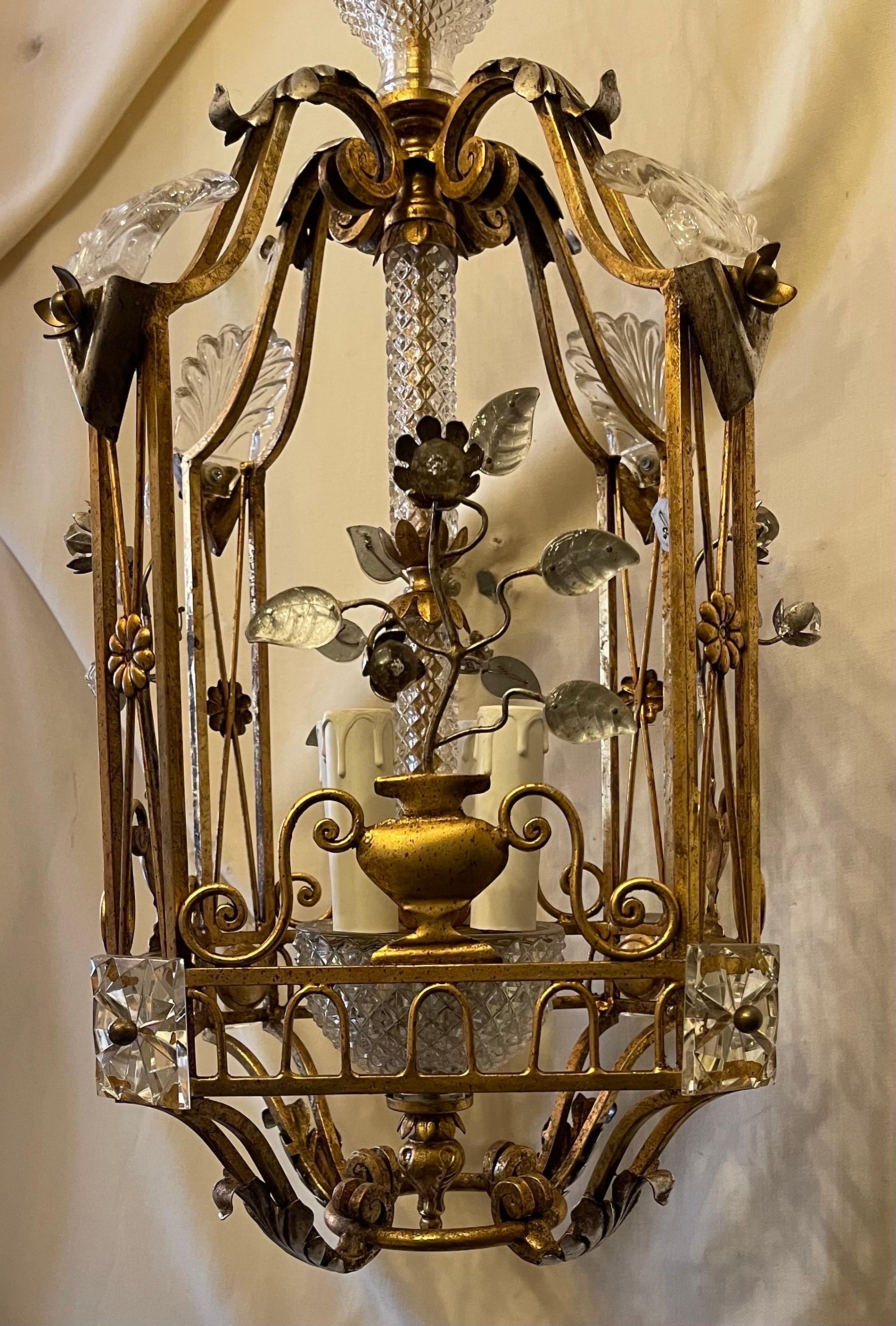 Gilt Fine Mid-Century Modern French Baguès Crystal Lantern Pagoda Basket Chandelier For Sale