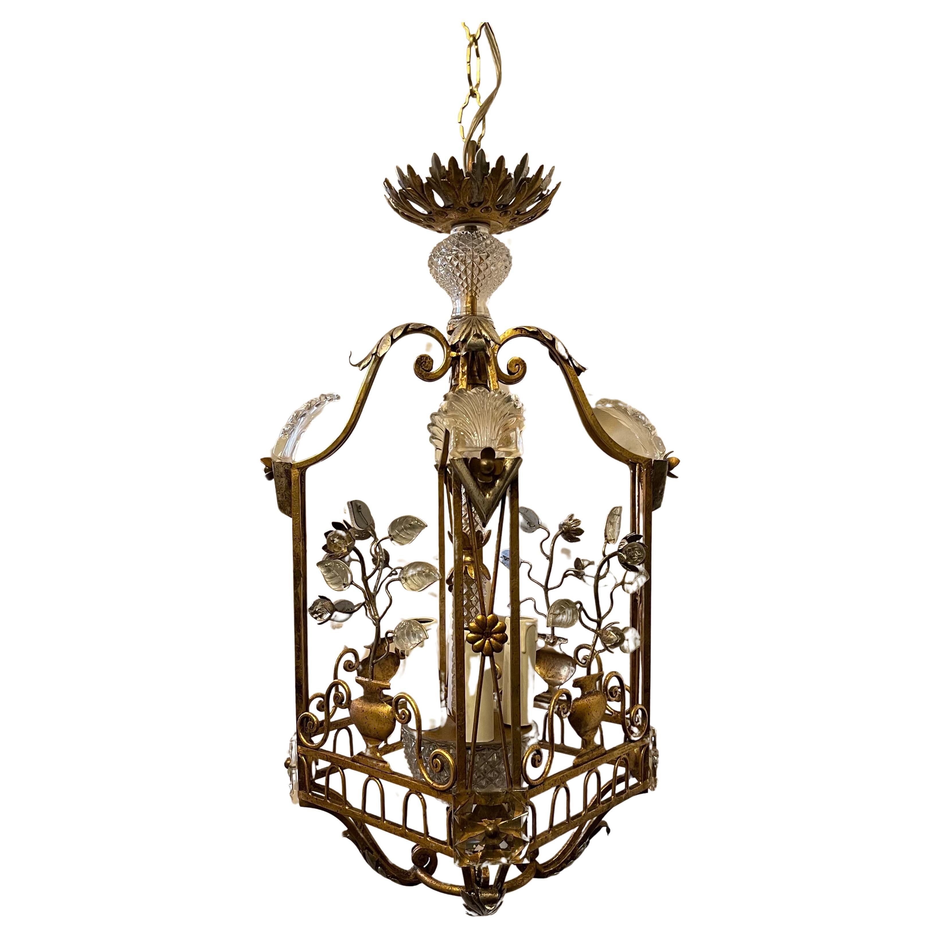 Fine Mid-Century Modern French Baguès Crystal Lantern Pagoda Basket Chandelier
