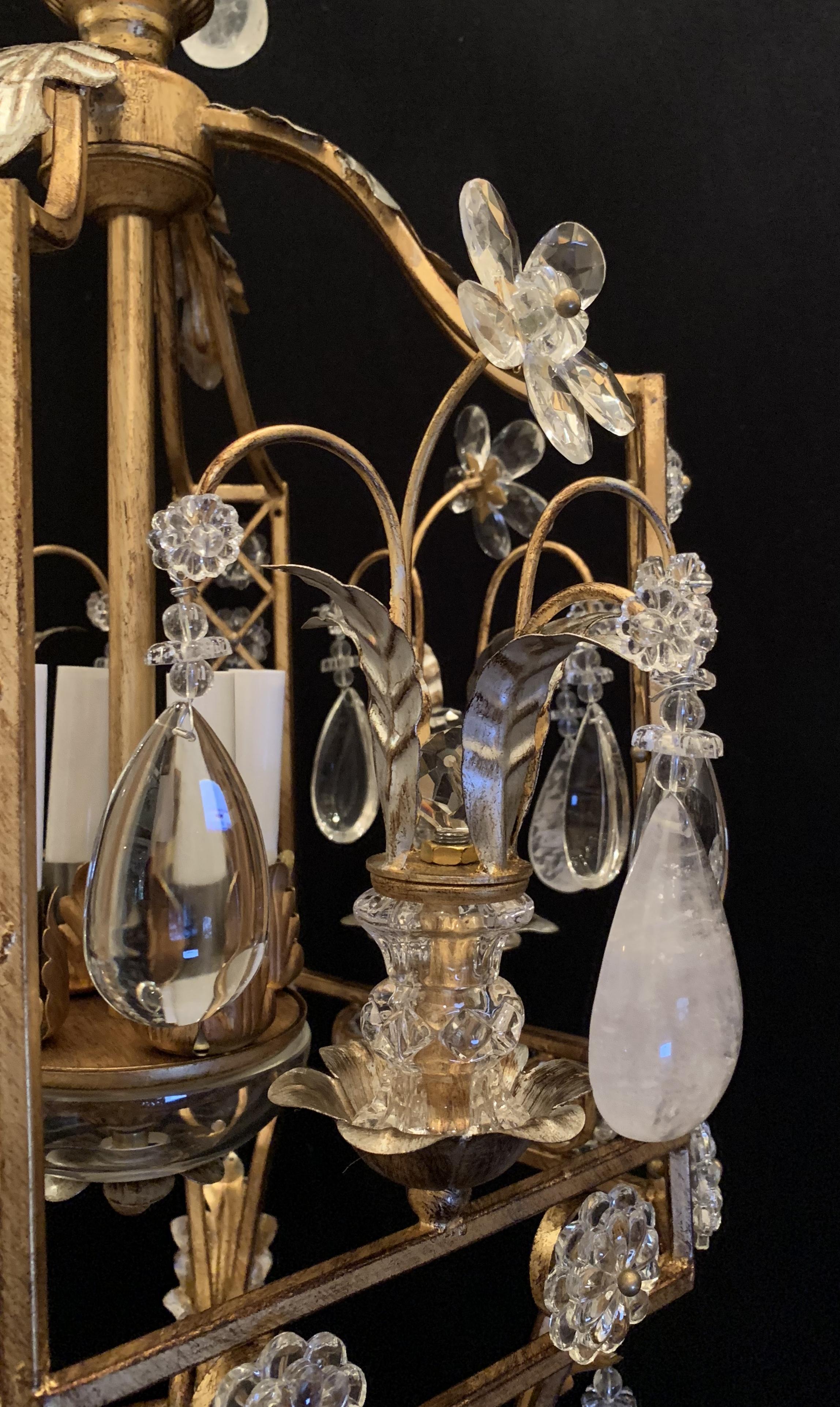 Gilt Fine Mid-Century Modern French Baguès Rock Crystal 3 Lantern Pagoda Chandeliers