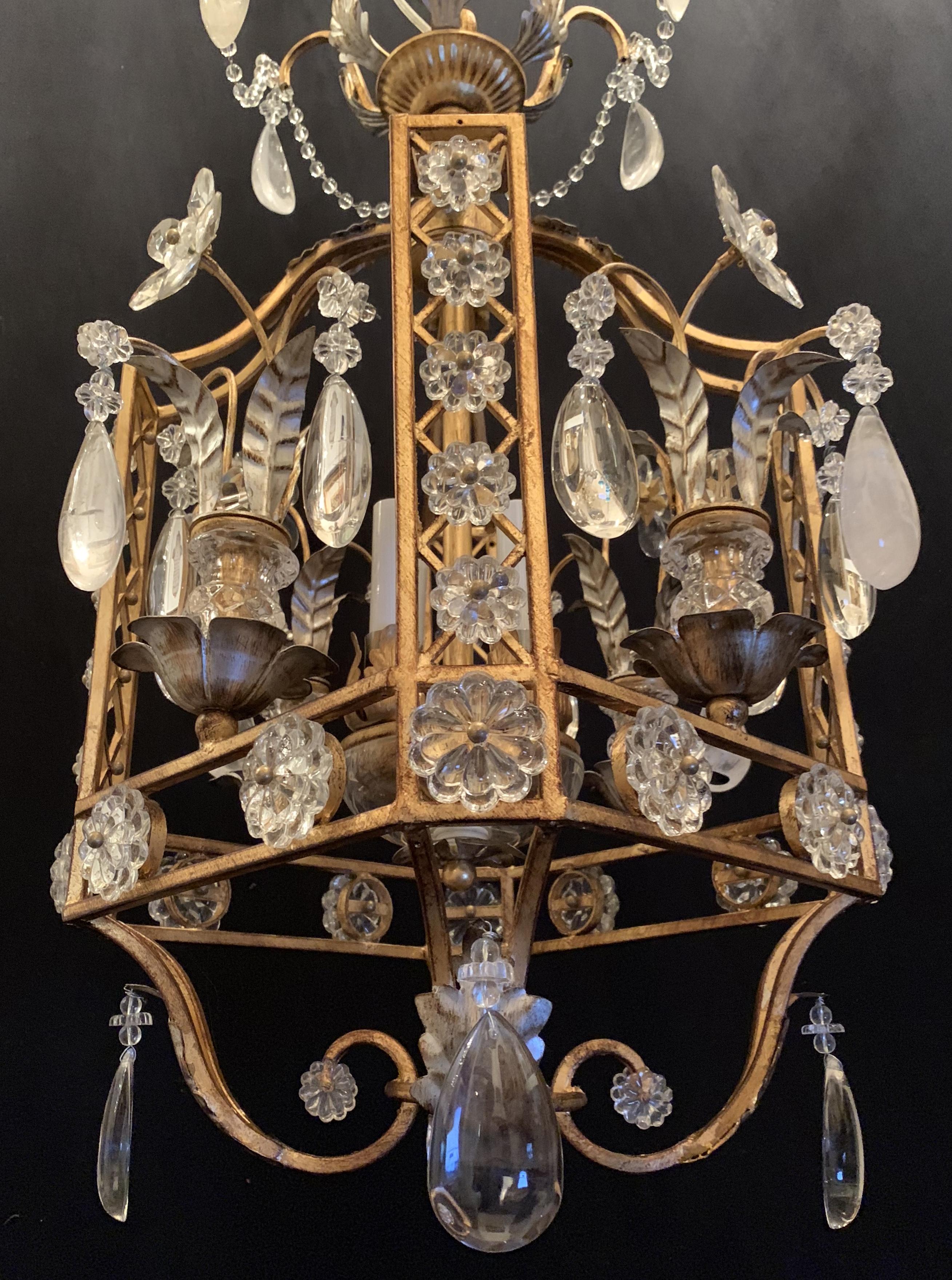 Fine Mid-Century Modern French Baguès Rock Crystal 3 Lantern Pagoda Chandeliers In Good Condition In Roslyn, NY