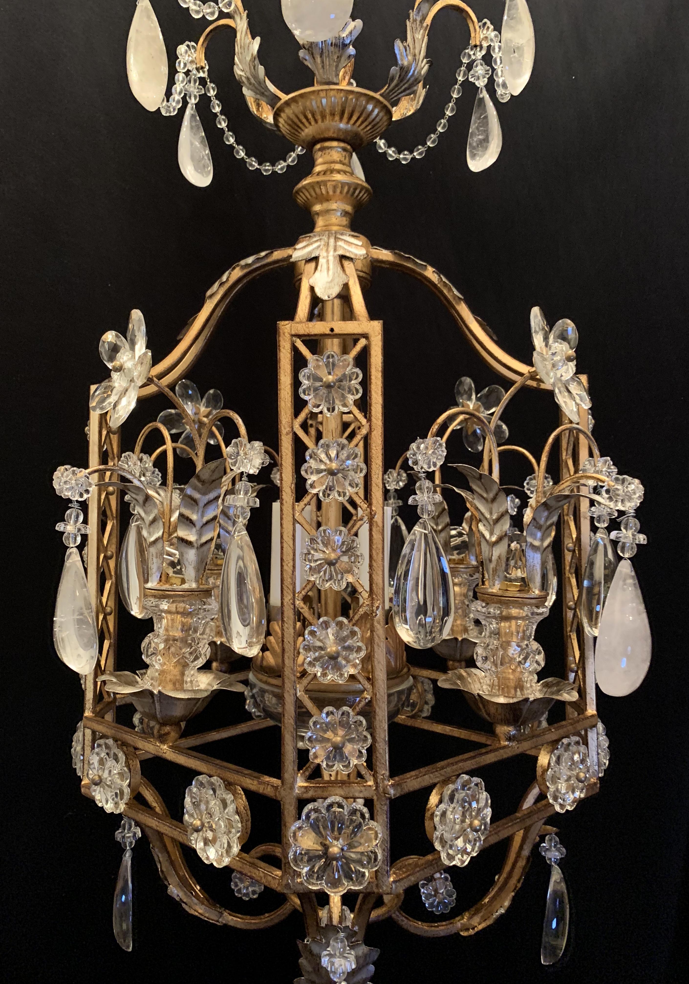 Fine Mid-Century Modern French Baguès Rock Crystal 3 Lantern Pagoda Chandeliers 2