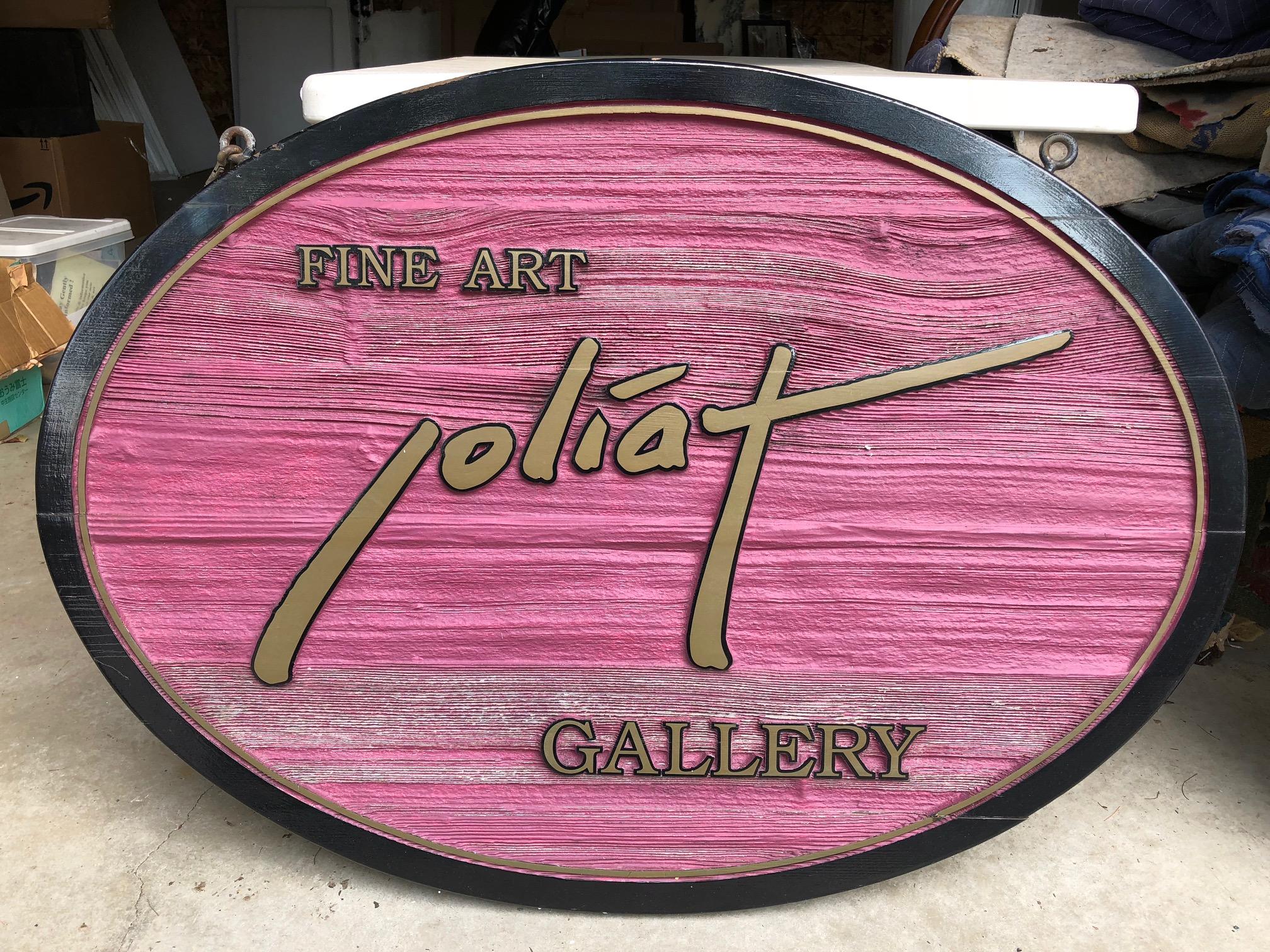 A vintage fine and beautifully handmade, and hand-painted and gold gilt oval shaped two sided gallery shop sign -Joliat Fine ART GALLERY- likely used for an upscale gallery at some time in its past. This was found in Maine.

Measures: 30.5 inches