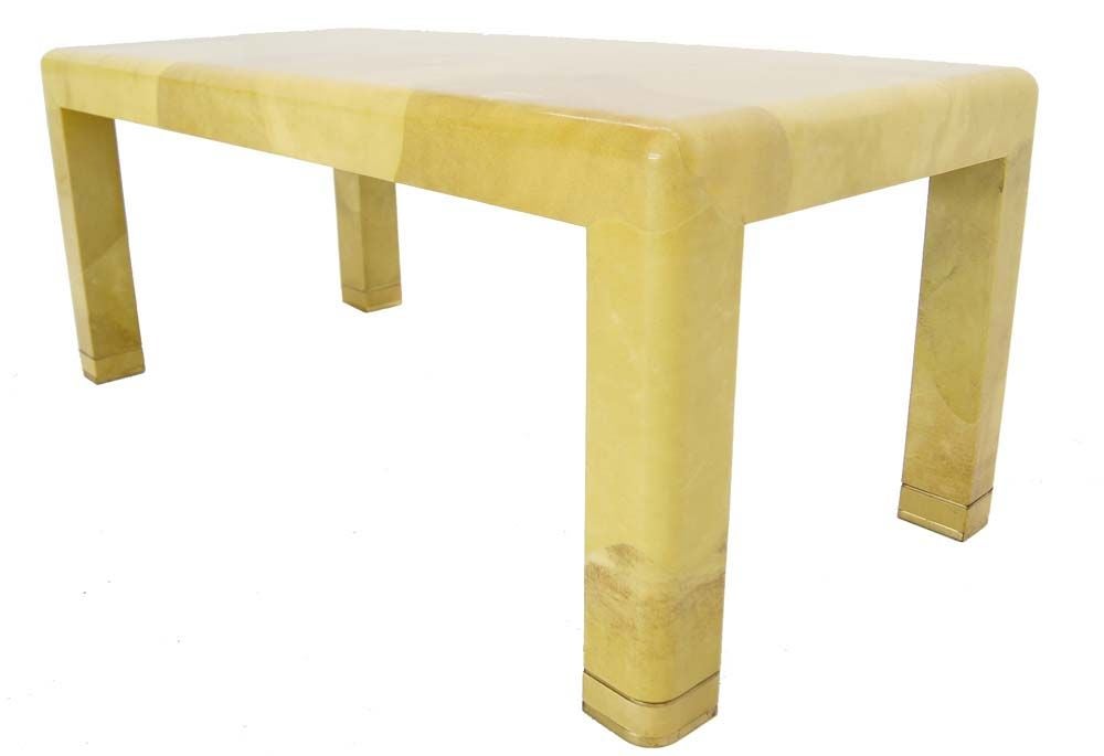 Mid-Century Modern Goat Skin Parchment Coffee Table Brass feet In Excellent Condition For Sale In Rockaway, NJ