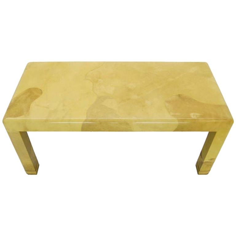 Mid-Century Modern Goat Skin Parchment Coffee Table Brass feet For Sale