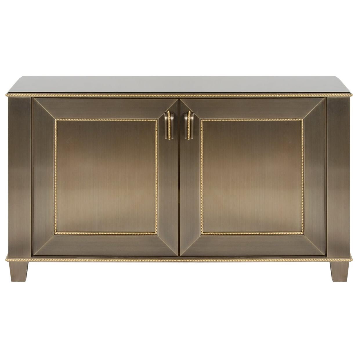 Fine Mid-Century Modern Lorin Marsh Bronze Brass Ormolu Bead Black Glass Cabinet For Sale