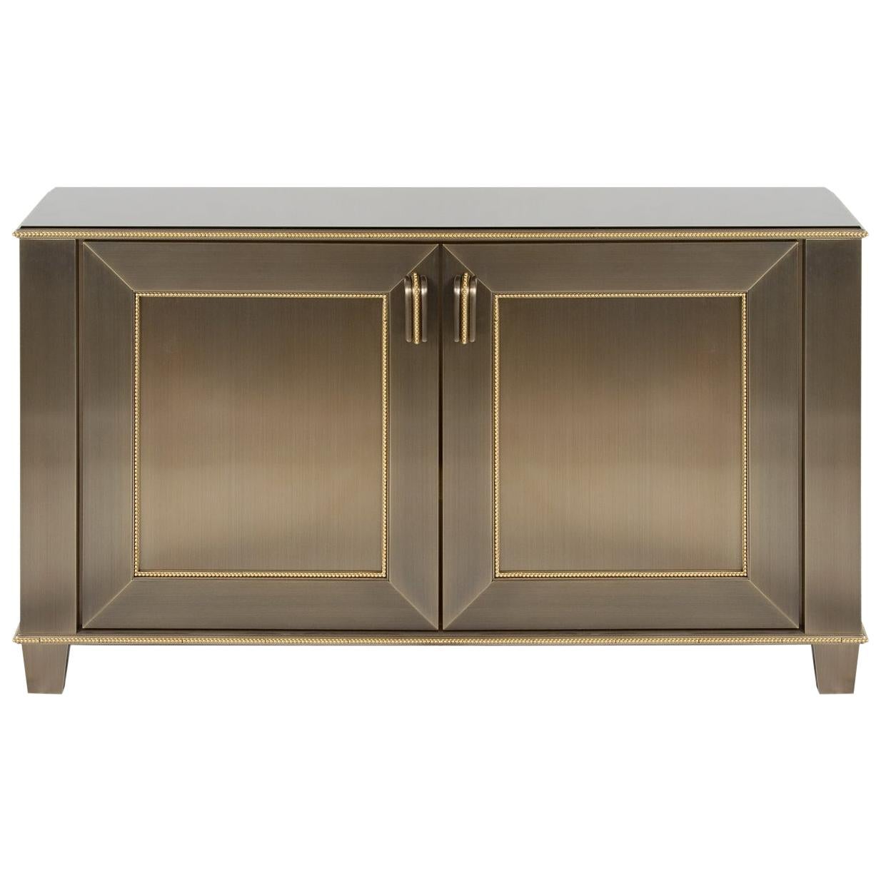 Mid-Century Modern Lorin Marsh Bronze Messing Ormolu Perlen Schwarzes Glas Schrank, Mid-Century Modern