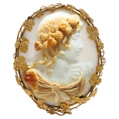 Fine Mid-Victorian Shell Cameo Brooch Depicting a Bacchante with Ram