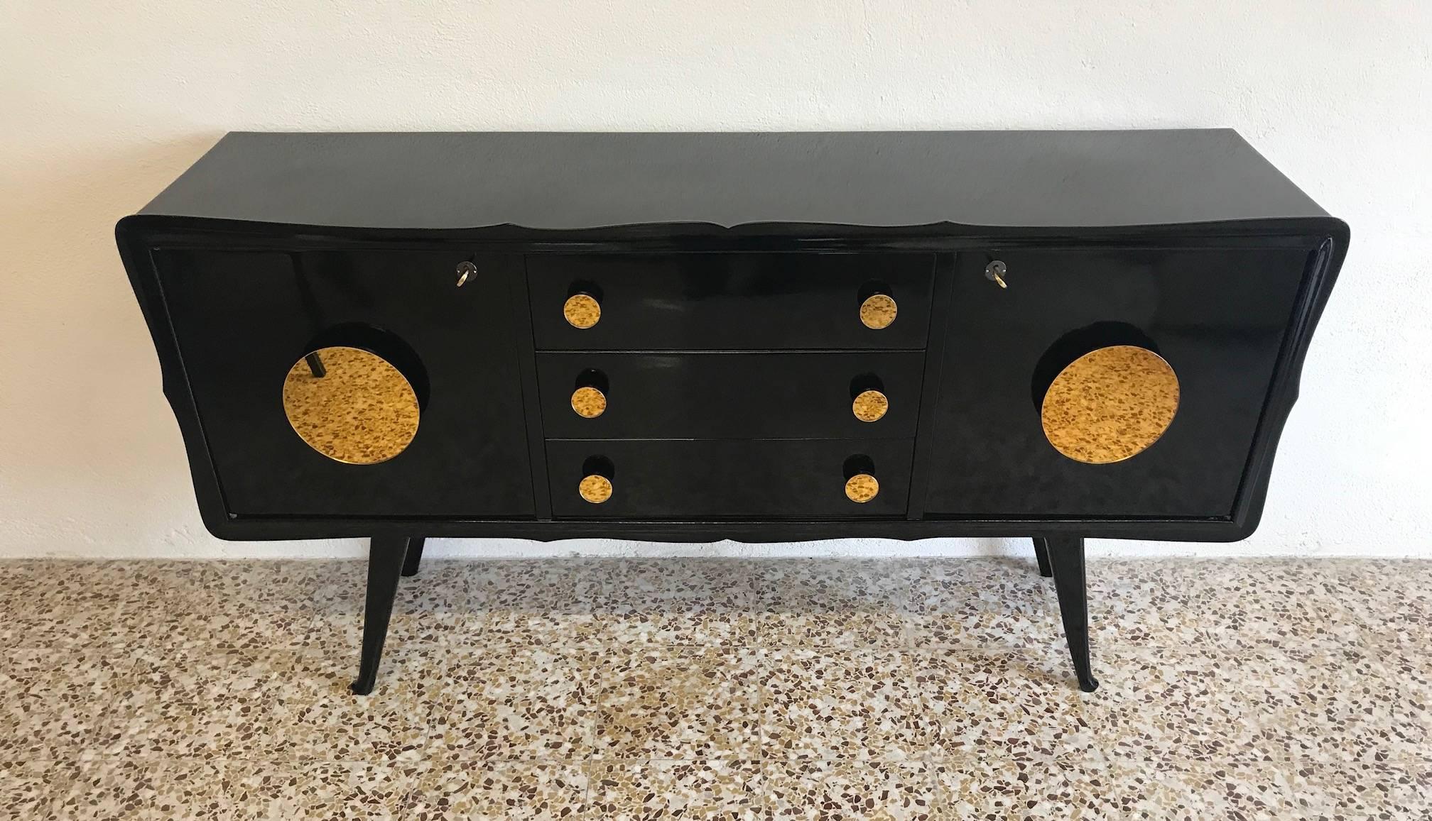 Mid-Century Modern Fine Midcentury Black and Gold Mirror Sideboard