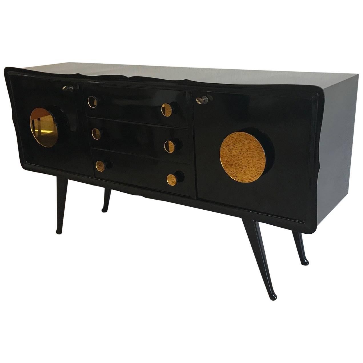 Fine Midcentury Black and Gold Mirror Sideboard