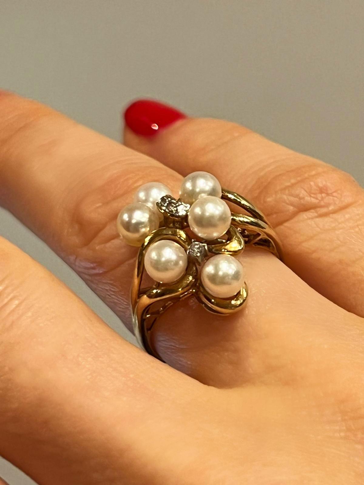Bague rétro en or jaune 14K avec perles de culture (5.5mm x 6) et diamants faits à la main Excellent état - En vente à MELBOURNE, AU