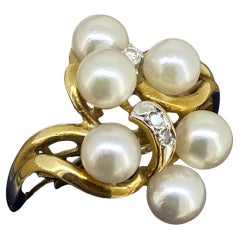 Fine Cultured Pearl (5.5mm x 6) & Diamond Handmade Retro Ring in 14K Yellow Gold